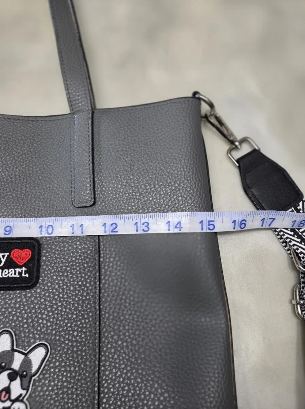 Gray Tote Faux Leather Bag with Dog Patch Accents